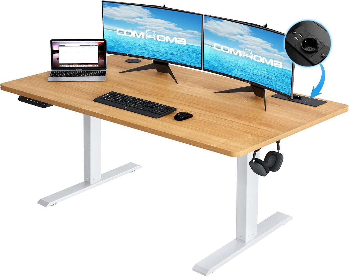 COMHOMA In hoogte verstelbaar bureau, 160 x 70 cm, met USB-aansluiting en haak, elektrisch verstelbare computertafel, sta-zittafel, sta-bureau, bruin