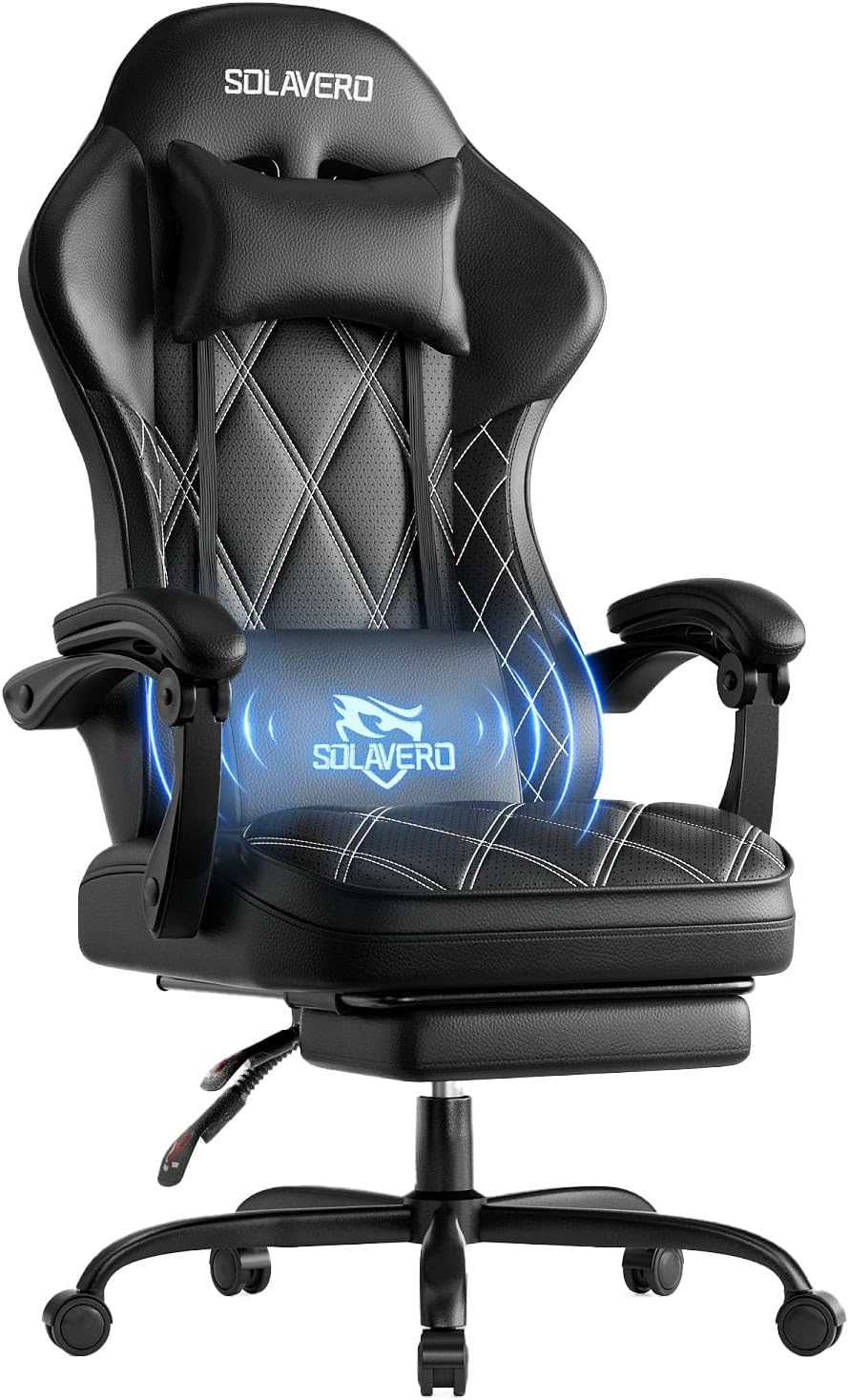 HLDIRECT Gamingstoel met massagefunctie en lendensteun voor volwassenen, Zwart