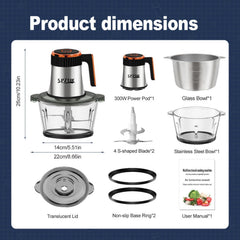 SPZTJK Foodprocessor, elektrische hakmolen met 5 snelheden, groentehakker en vleesmolen - 2 kommen (roestvrij staal van 240 ml + glazen kom van 240 ml), 300 W, 2 sets van 4 messen met twee niveaus voor groenten/fruit/vlees