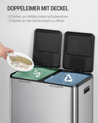 Hzuaneri Vuilnisemmer, 2 x 30 l, afvalscheidingssysteem, 2 vakken 60 l, roestvrij stalen keukenvuilnisemmer, pedaalemmer, rustige langzame afstap, met 15 exclusieve afvalzakken, zilver SW06099E