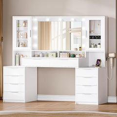 Hzuaneri DT43703XEU Grote make-uptafel met ledverlichting en stekkerdoos, 150 cm, make-uptafel met spiegel, driekleurige lichtinstelling, 10 laden, sieradenopslag, wit-zilver