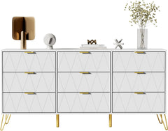 Commodekast met 9 schuifladen, 150 x 34 x 74 cm, dressoir, modern dressoir, tv-board, opbergkast, smalle commode, buffet, kast voor woonkamer, slaapkamer, hal, wit