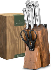 WALDWERK Messenblok - 7-delige messenset met messenblok en geïntegreerde messenslijper - Messenblok met mes - Keukenmessenset - Messenset met blok - Messenset •