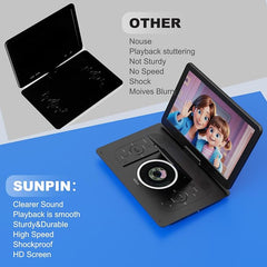 SUNPIN Draagbare dvd-speler met 14,1 inch HD-beeldscherm, dvd-speler, auto, kinderen, knoopdesign, met 6 uur ingebouwde accu, dvd-speler, draagbaar, voor sync tv, videospeler, USB/SD-kaart/sync-tv