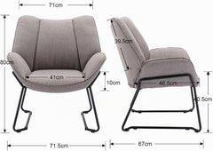 WAHSON Fauteuil woonkamer lounge stoel moderne leesstoel gestoffeerde oorfauteuil met metalen poten voor slaapkamer/woonkamer, linnen, grijs