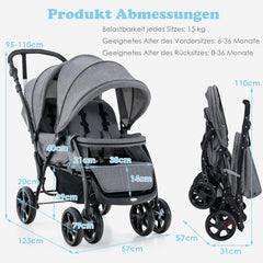 COSTWAY Broer en zussenwagen, inklapbaar, dubbele wagen met verstelbare rugleuning en kap, reisbuggy met ligfunctie, dubbele buggy voor baby's vanaf 6 maanden, 30 kg belastbaar (grijs)