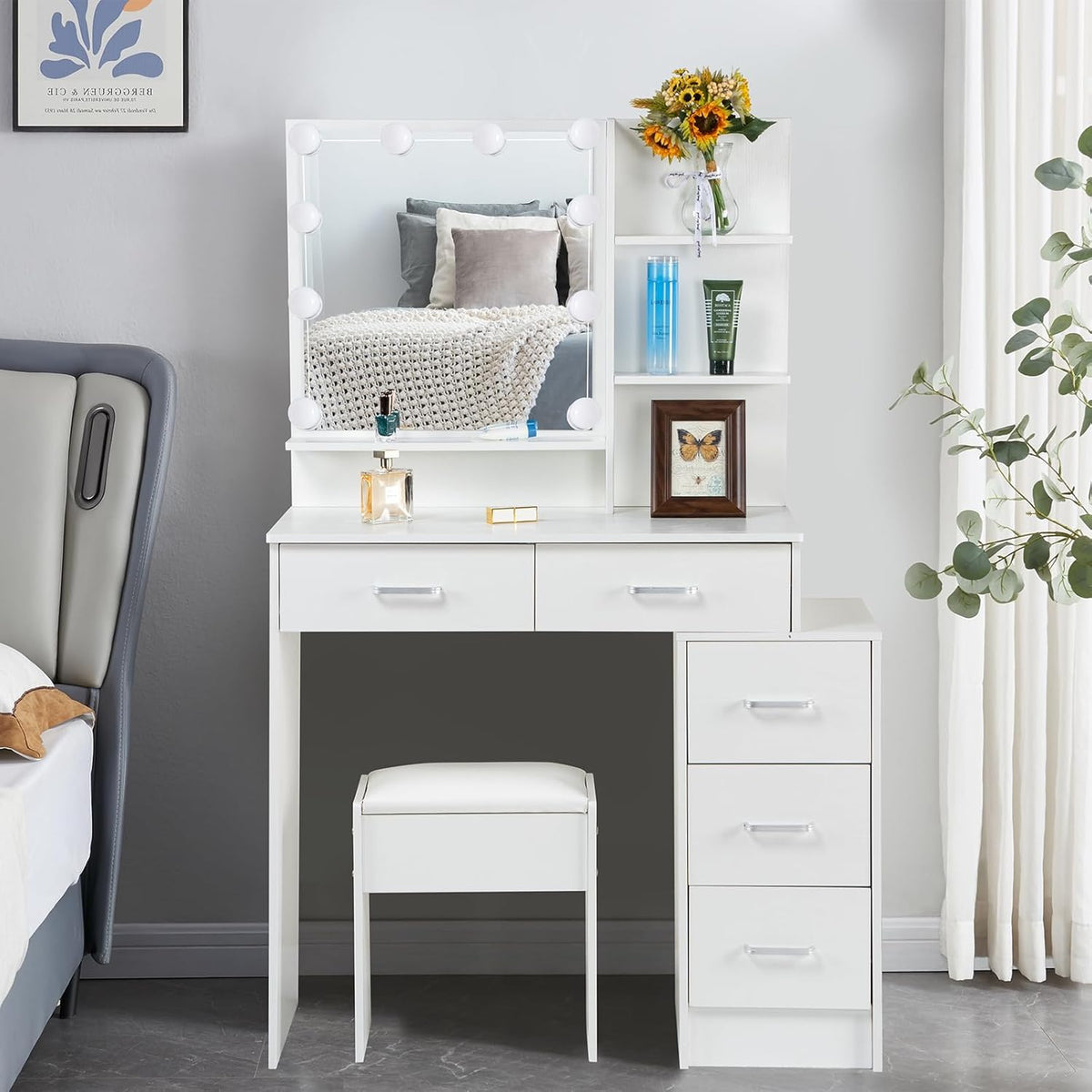 Saimeihome Hollywood glamour kaptafel met spiegel en verstelbare verlichting, witte kaptafel met 5 lades en stoel, ideaal voor vrouwen •
