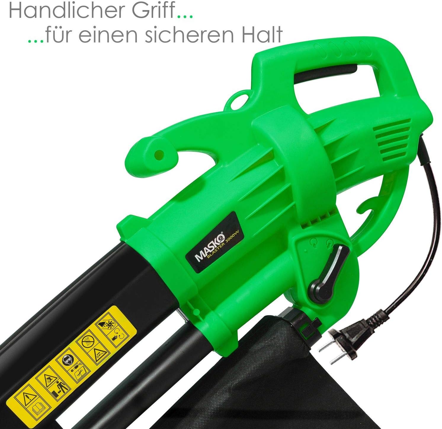 Masko® elektrische bladzuiger, 3-in-1, 3000 W, schouderriem en wielen, opvangzak 45 l, bladblazer, tuinzuiger, tuinblazer, groen