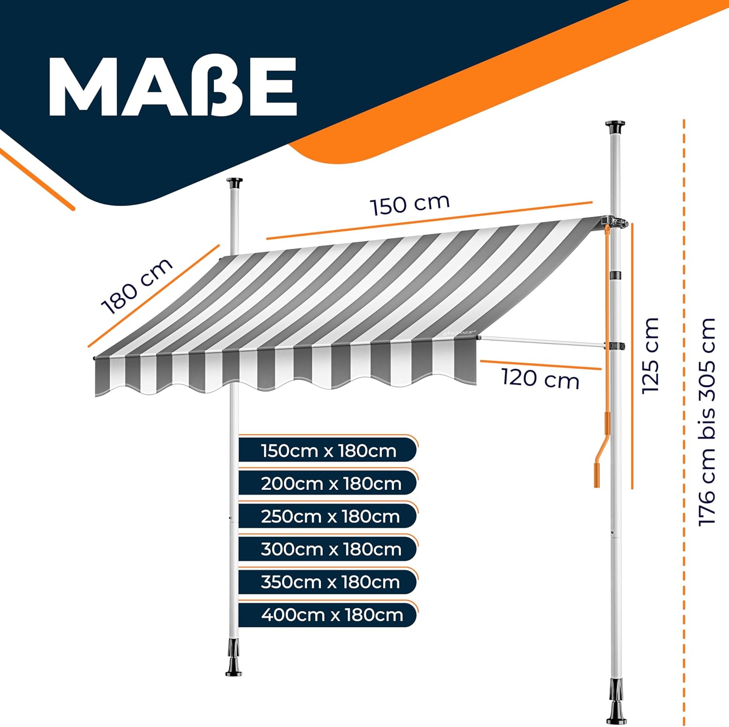 KESSER® Klemluifel met handslinger, balkon, balkonluifel zonder boren, luifel uv-bestendig, in hoogte verstelbaar en waterafstotend, zonwering voor balkon, terras en tuin, terrasoverkapping, 200 cm