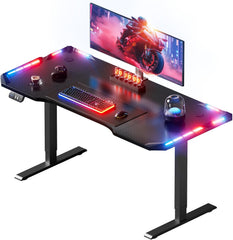 SOLAVERO LED Elektrisch Gamingbureau, 120 x 60 cm, met 2 geheugenfuncties, blad van koolstofvezel, in hoogte verstelbare tafel, zwart •