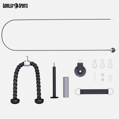 GORILLA SPORTS® Kabelkabel, fitnesssysteem, 2 m stalen kabel, katrol, triceps-touw, Olympische laadstift, halterschijfhouder, tot 150 kg, zwart - kabelaccessoires, home gym apparatuur