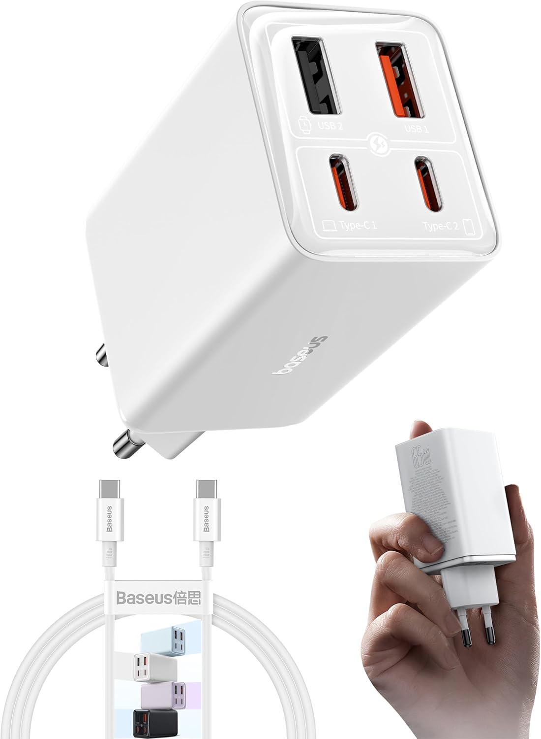 Snellader - USB C - Adapter USB C - 65W - Wit - Baseus