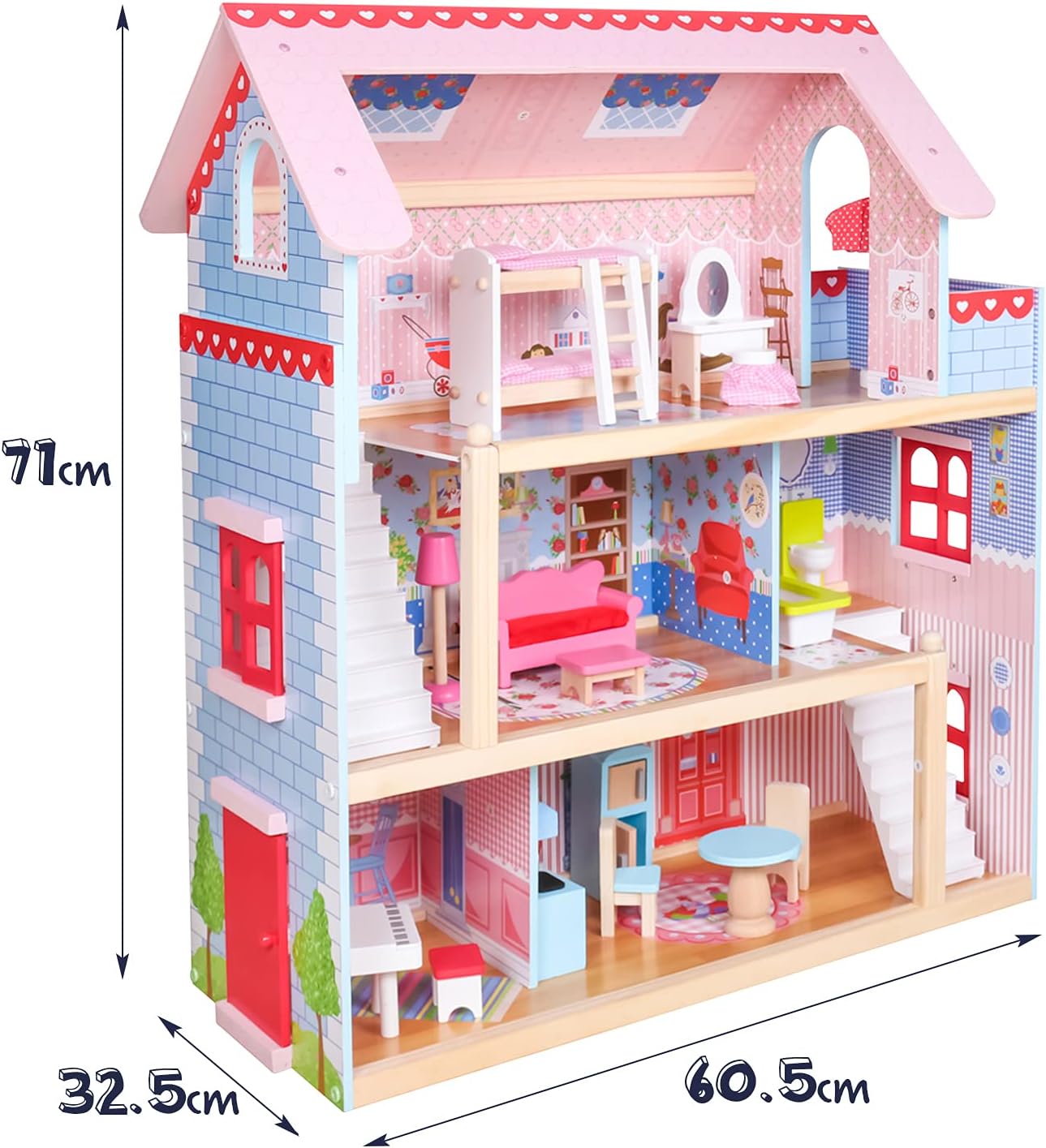 Houten XL Poppenhuis (60x70x30cm) - voor 13cm poppen - LED