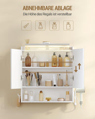 Hzuaneri MC10003XEU Spiegelkast met verlichting, badkamerkast met spiegel, wandkast, haardrogerhouder en haken, met stekker, verstelbare etages, wit, 16,5 x 60 x 68,5 cm