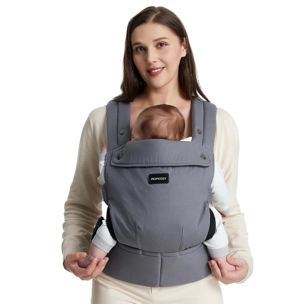 Momcozy Babydrager van 100% katoen vanaf de geboorte | Ergonomische M-positie, X-rug en EVA-lendensteun, 3,2-20 kg, 0-24 maanden, wasbaar, tailleriem 64-127 cm, grijs