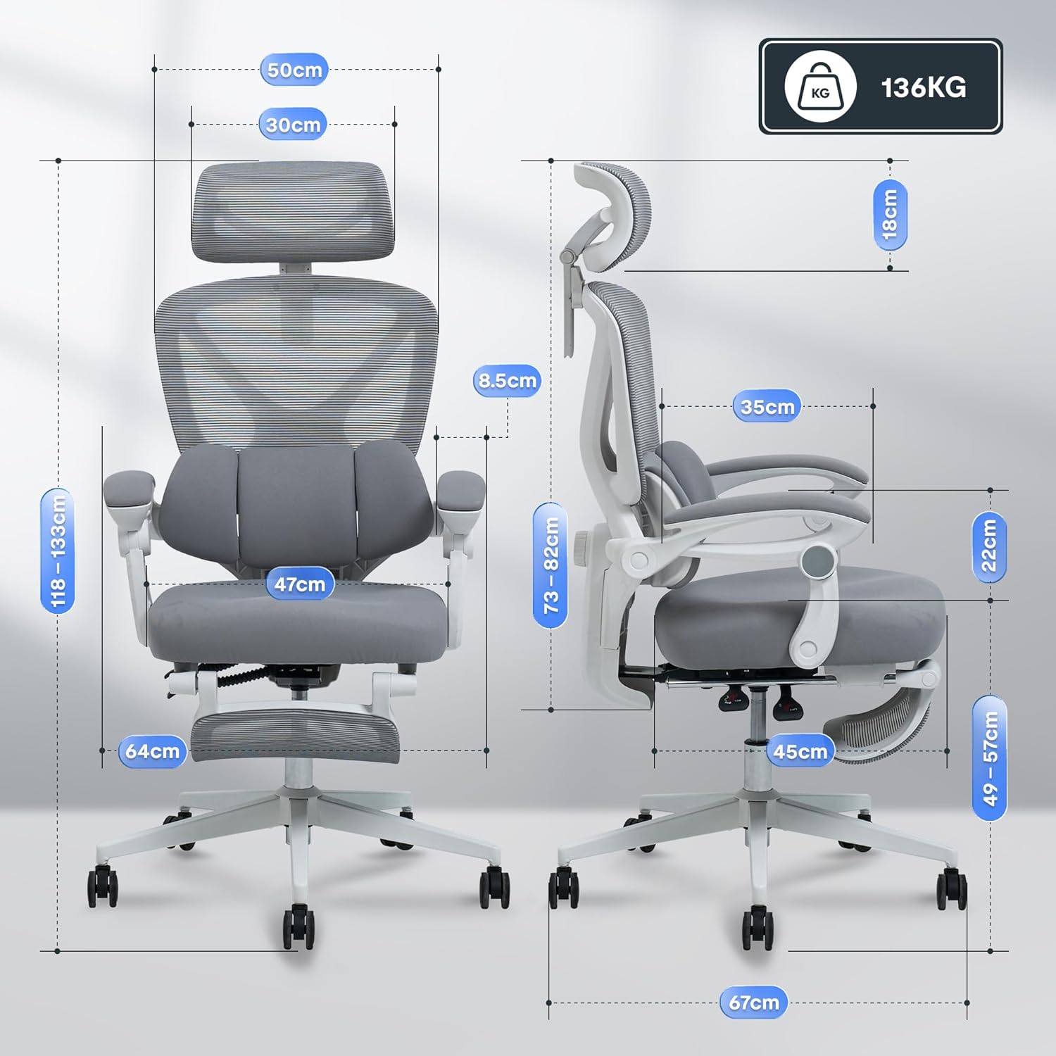 Ergonomische Bureaustoel -  Office Chair - Gamestoel - Volwassenen - Grijs - FLEXISPOT