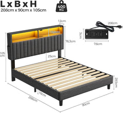 Bedframe met lattenbodem - 90x200 cm - Metaal - Grijs - Rolanstar
