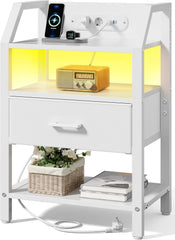 HLONONE Nachtkastje met stopcontact en led, bijzettafel met lade, 3 USB-poorten, 3-traps planken, voor slaapkamer, woonkamer, 46 x 29,3 x 66 cm, wit