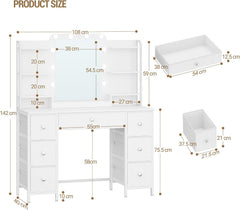 Hzuaneri Make-uptafel met ledverlichting, make-uptafel met grote HD-spiegel, 7 laden en 6 opbergvakken, slaapkamer make-uptafel, modern wit DT42303XEU