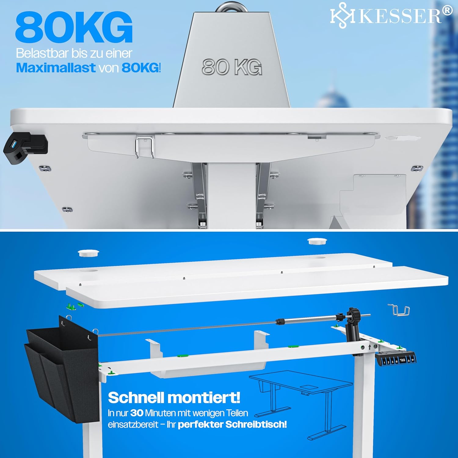 KESSER® In hoogte verstelbaar bureau elektrisch 120 cm x 60 cm | Ergonomisch sta-zit-bureau | 3-functie-geheugenbesturing | Incl. 360° wielen & USB-oplaadpoort computertafel voor thuiskantoor