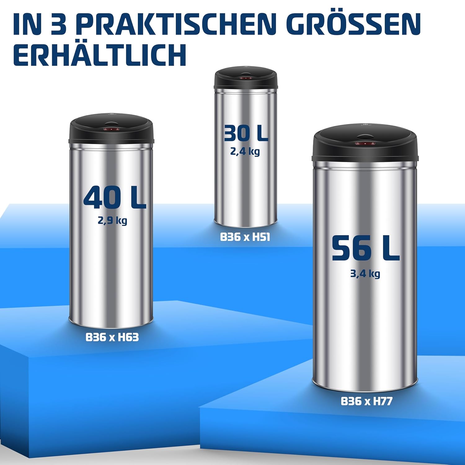 Kesser Afvalemmer, opent en sluit middels een sensor automatisch, roestvrij staal, 56 liter, zilver