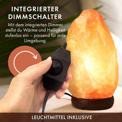 The Body Source Zoutlamp (5-7 kg) met dimschakelaar licht op een houten standaard - nachtlampje incl. 10W gloeilampen en geschenkdoos
