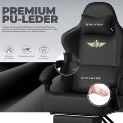 GTPLAYER Gaming stoel, ademende bureaustoel, ergonomisch, hoogwaardig kunstleer, ergonomische pc-stoel, 160° verstelbare rugleuning en uittrekbare voetensteun, draagkracht 180 kg, zwart