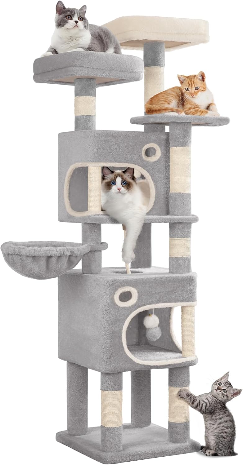 Hzuaneri Krabpaal 159 cm kattenboom met 8 krabzuilen, 3 platforms, 2 holletjes, mand, pluche ballen, sisaltouw, geschikt voor katten van verschillende maten, lichtgrijs MS15918LG