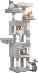 Hzuaneri Krabpaal 159 cm kattenboom met 8 krabzuilen, 3 platforms, 2 holletjes, mand, pluche ballen, sisaltouw, geschikt voor katten van verschillende maten, lichtgrijs MS15918LG