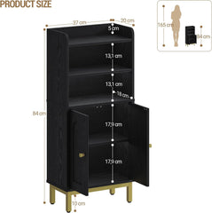Hzuaneri Badkamerkast, badkamerkast, keukenkast met 2 open vakken, 2 deuren, 2 verstelbare planken, vrijstaande badkamer, 20 × 37 × 84 cm, zwart-goud BC48204G