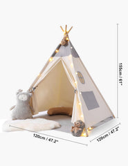 besrey Tipi-tent voor kinderen, tippi-kindertent, kindertent voor binnen en buiten | Speeltent van katoen + lichten + grijze mat