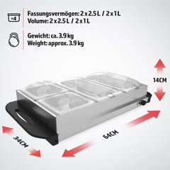 Elektrische buffetwarmer met verwarmingsplaatfunctie, set selectie, temperatuurregelaar, roestvrij staal, warmhoudapparaat, verwarmingsplaat, warmhoudplaat (1, 2 x 2,5 l + 2 x 1 l)