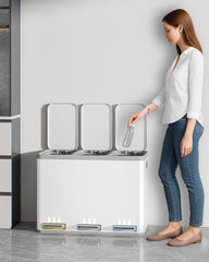 Hzuaneri Vuilnisemmer, afvalscheidingssysteem, 3 vakken, 45 l (3 x 15 l), roestvrij staal, pedaalemmer met kleurcoderbare pedalen, afvalemmer, rustige langzame afdaling, wit SW04599W