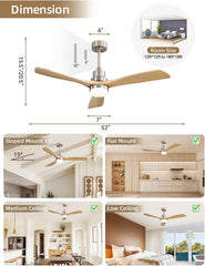 Sofucor 132 cm plafondventilator met verlichting, afstandsbediening, dimbaar, LED-verlichting, 3 houten ventilatorbladen, omkeerbare DC-motor, moderne landelijke plafondventilator met 3 opzetstukken