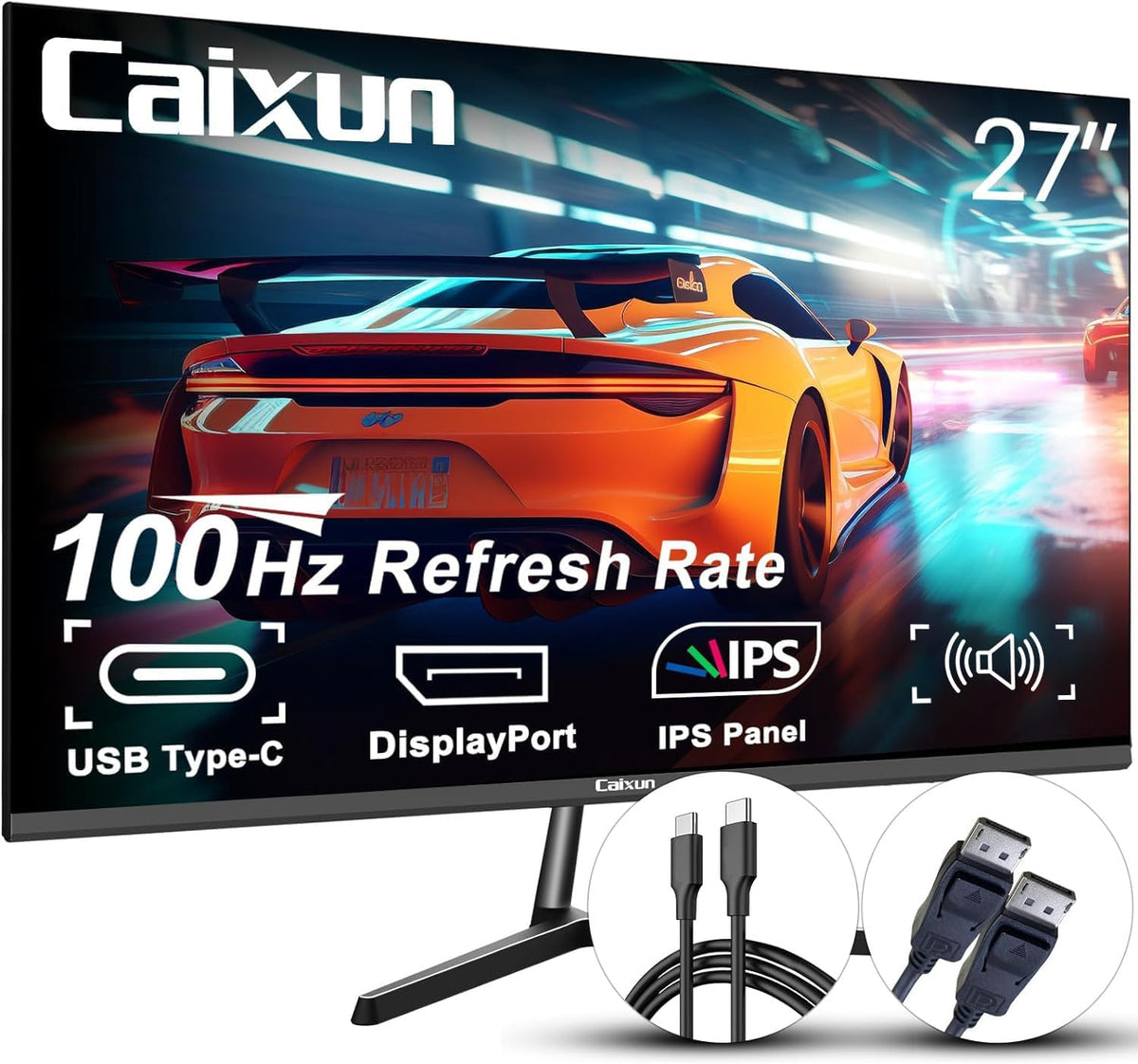 Caixun 27 inch 100 Hz IPS Gaming Monitor, USB Tpye-C FHD monitor met ingebouwde luidspreker en ultradunne lunette, HDMI DP USB-C aansluitingen (USB-C en DP-kabel meegeleverd)