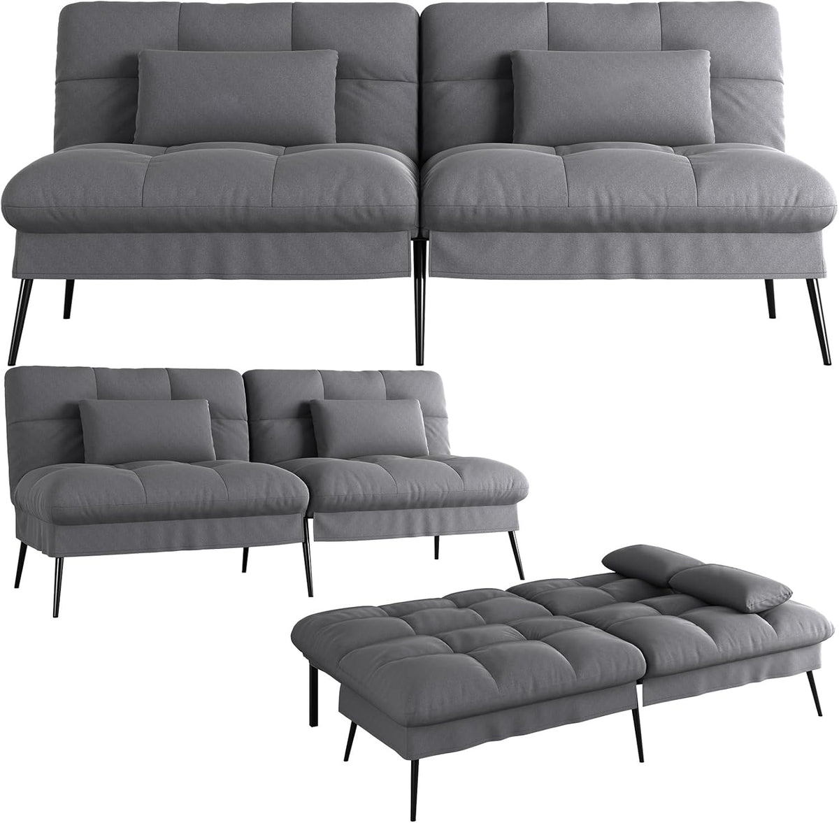 COMHOMA Slaapbank met slaapfunctie, futonhoes, uitklapbaar, hoekbank, 3-zits, met verstelbare rugleuning van grijze stof •