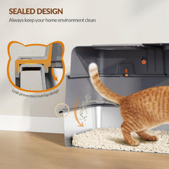 Roestvrijstalen kattenbak met deksel, XXXL gesloten metalen kattentoilet, 70 x 50 x 42 cm, 105° klapdeksel, inclusief pedaal en schep, gemakkelijk te reinigen, twee deuren, donkergrijs