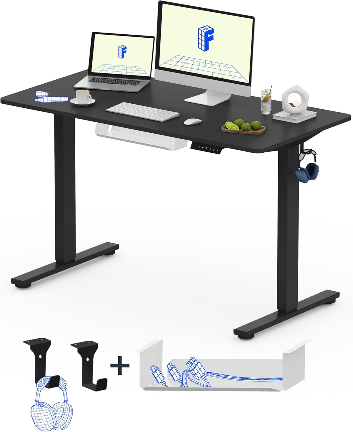 FLEXISPOT zit- en sta-bureau, eendelig blad 100x60cm, elektrisch in hoogte verstelbaar bureau, bedieningspaneel met geheugenfuncties, eenvoudige montage, telewerkbureau (zwart + zwart)