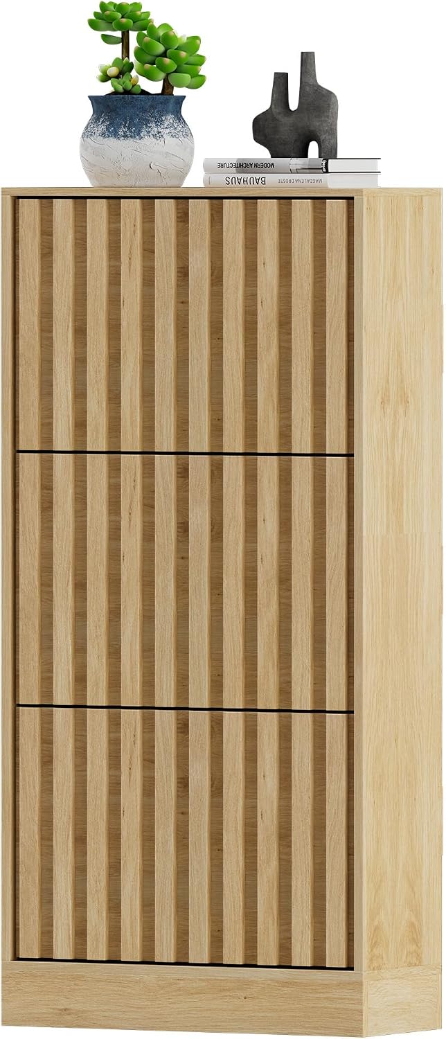 UEV Schoenenkast met 3 kleppen hout, schoenenrek smal (natuur)