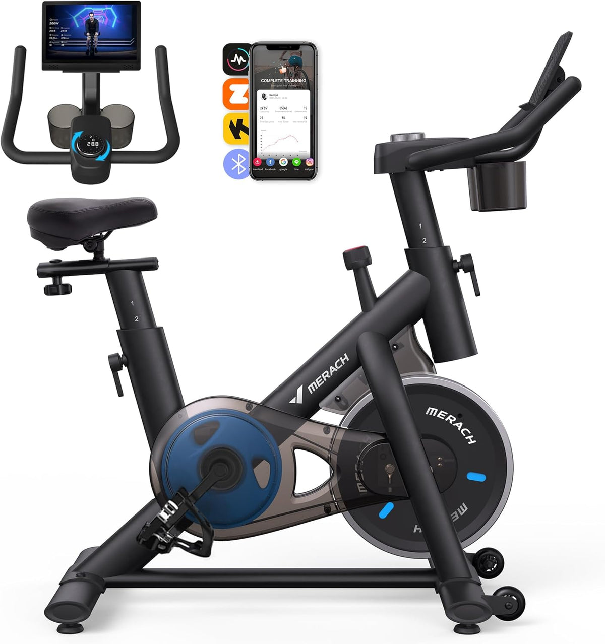 MERACH Hometrainer, fiets met verstelbare weerstand, stille hometrainer fiets met verbeterde led-monitor, tablethouder, indoor fietsfiets voor cardiotraining thuis, eigen app, tot 136 kg