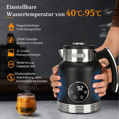 Taylor Swoden 2200 W waterkoker, snelopwarmer, met temperatuurinstelling, 40-100 graden, elektrische waterkoker, 2 l, dubbelwandig roestvrij staal, digitale warmhoudfunctie, zwart