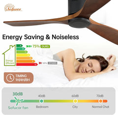Sofucor Plafondventilator met afstandsbediening, plafondventilator van massief hout met 3 houten ventilatorbladen, 132 cm, stil, 6 snelheden, timer, DC-motor, zomer-wintermodus voor slaapkamer