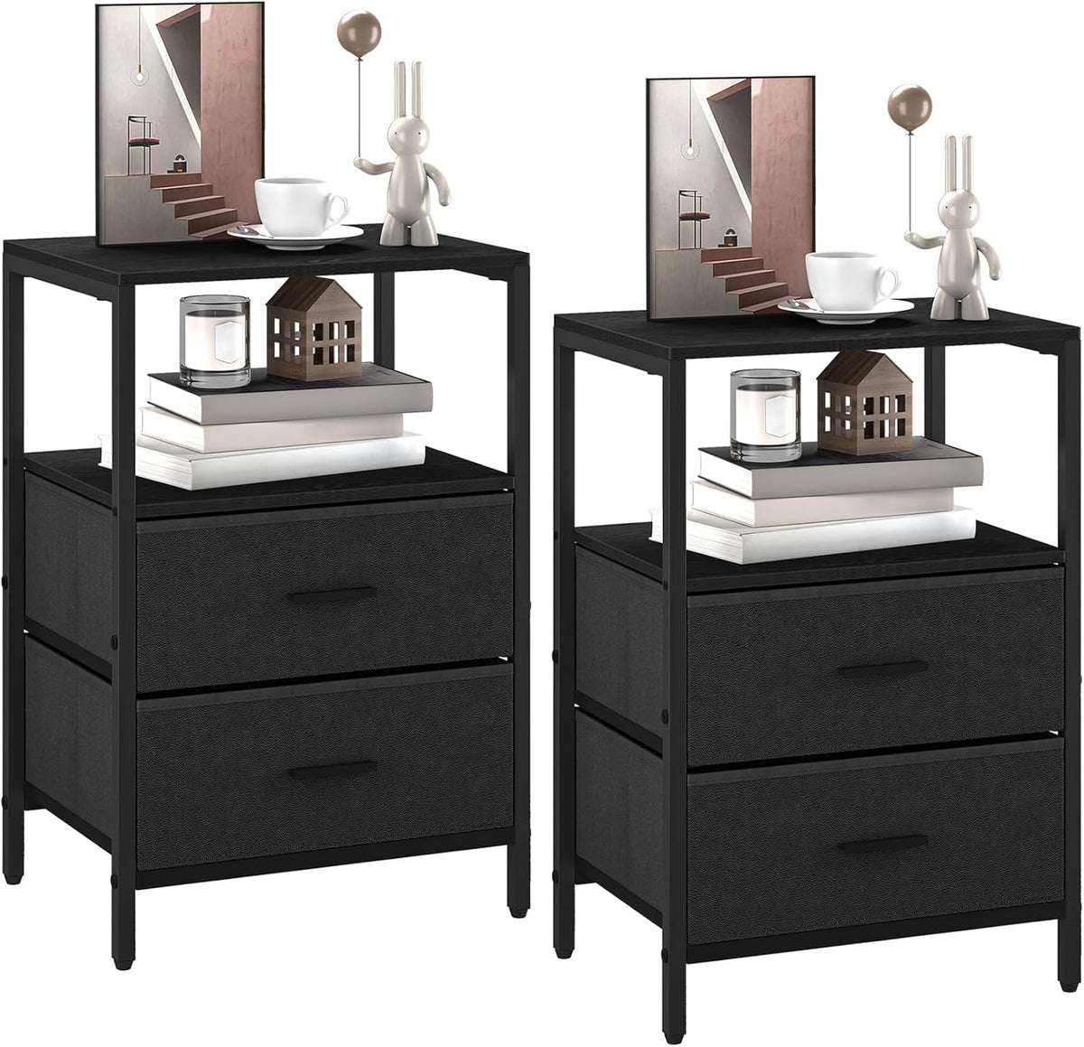 Hzuaneri Nachtkastje, set van 2, bijzettafel met 2 stoffen laden en planken, open vak, salontafel, nachtkastje, slaapkamer, voor woonkamer, slaapkamer, zwart NS30704B