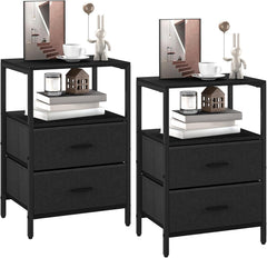 Hzuaneri Nachtkastje, set van 2, bijzettafel met 2 stoffen laden en planken, open vak, salontafel, nachtkastje, slaapkamer, voor woonkamer, slaapkamer, zwart NS30704B