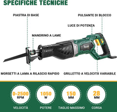 TECCPO Reciprozaag, universele zaag 1050 watt met 3 reciprozaagbladen (groen)