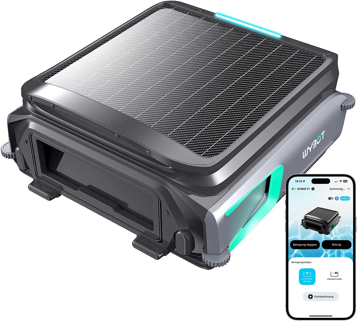 WYBOT F1 Zwembadskimmer op zonne-energie, met accu, ultrastil, app-bediening, voor alle zwembaden, mat zwart-groen (oplader niet inbegrepen, zie speciale aanbieding)