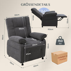 FLEXISPOT Elektrische relaxstoel met ligfunctie 105°-155°, extra snelbediening voor rechtzetten en terugstellen, extra dikke bekleding, belastbaar tot 150 kg, X3 (donkergrijs)