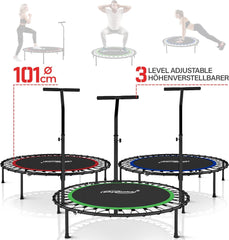 Physionics® Mini-fitnesstrampoline, opvouwbaar, in hoogte verstelbare handgreep, diameter 101 cm, tot 120 kg, voor binnen en buiten, kleur naar keuze, aerobic-trampoline voor volwassenen en kinderen,