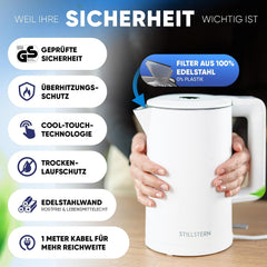 Stillstern Waterkoker met roestvrijstalen filter, PFAS- en PTFE-vrij, 1,7 l - 2200 W, waterkoker met precisie-uitloop en anti-vingerafdrukcoating, snel opwarmen, theekoker camping, matte afwerking, wit