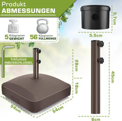 tillvex Pavera Parasolstandaard met wielen en remmen, parasolstandaard kan worden gevuld, 37 liter / 56 kg, parasolgewicht parasol en marktscherm Ø 1,8 - 3,7 m, oprolbaar, weerbestendig en